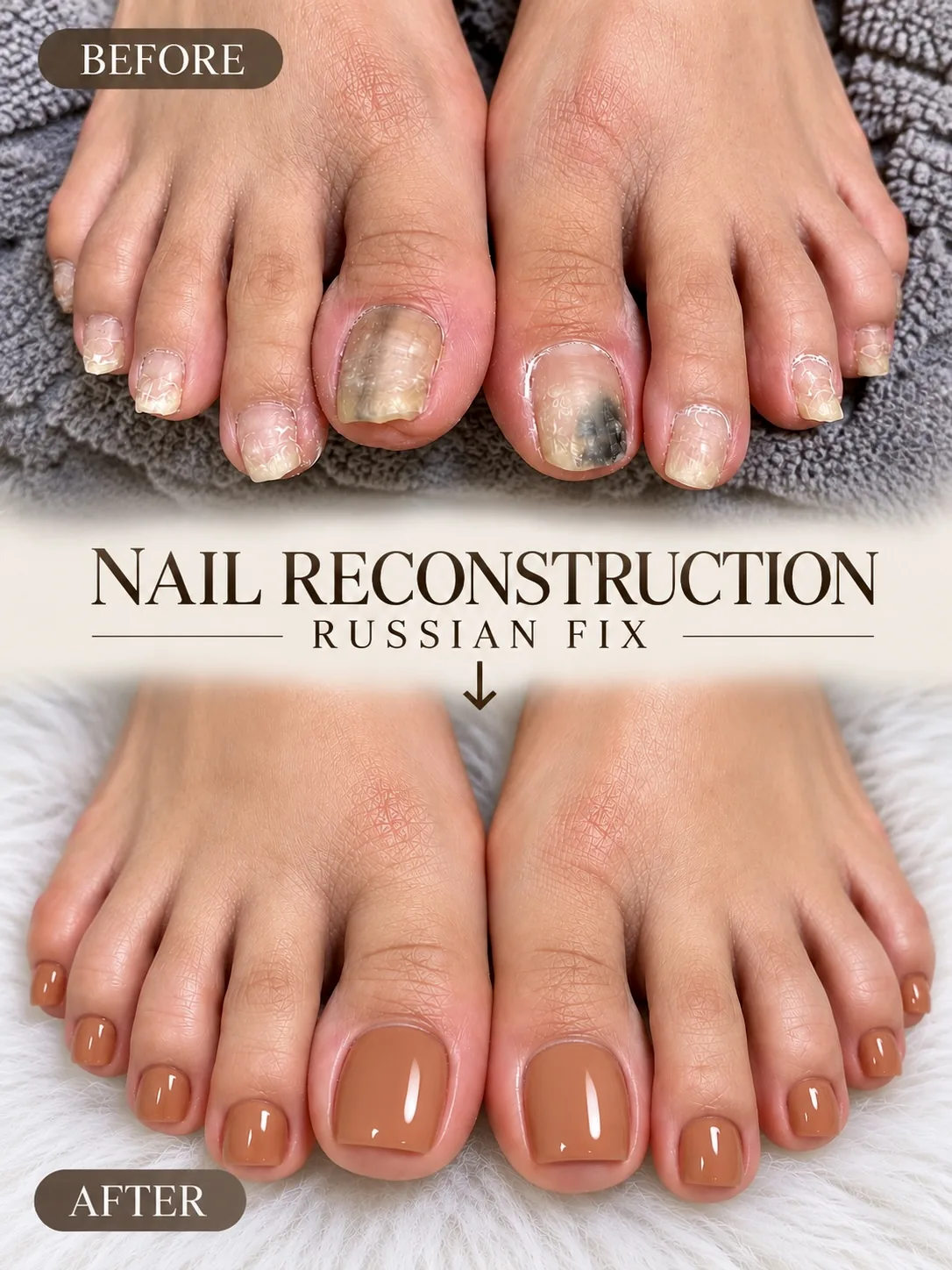 nail reconstruction Russian fix before and after, discoloured damaged toenails rebuilt with a smooth caramel finish, AyuriNails Beauty Lounge Makati